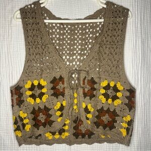 Crocheted Floral Granny Square Vest Beige Brown Yellow Boho Festival Retro Chic